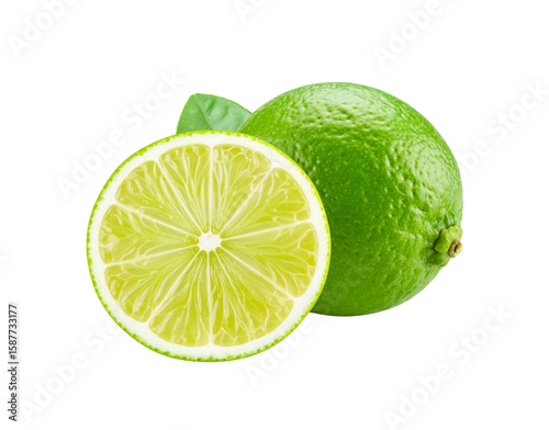 A whole green lime with a bumpy rind and a juicy half slice showing its segmented pulp and a leaf.