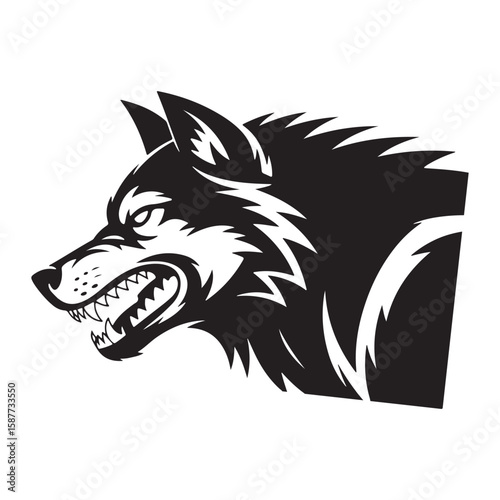 Aggressive black wolf head profile with bared teeth and sharp fangs