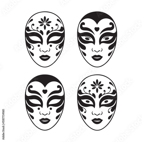 Four stylized black and white venetian masks with ornate decorative elements