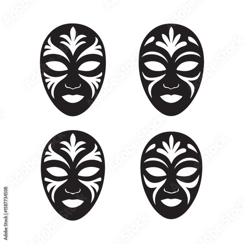 Four stylized black tribal masks with white decorative patterns on a white background