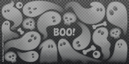 Set of cute ghosts isolated on checkered background. Collection of transparent ghosts for halloween decoration. Vector illustration of 3d scary poltergeists or phantoms. Set of cute spirits or ghosts.