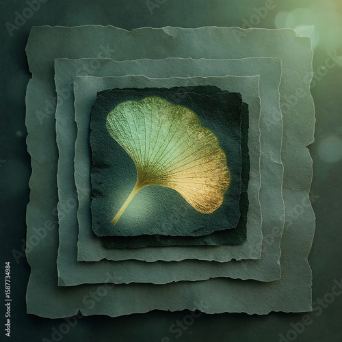 Wall art featuring layered recycled paper ombre from forest green to moss gray with a golden pressed ginkgo leaf, AI-generated