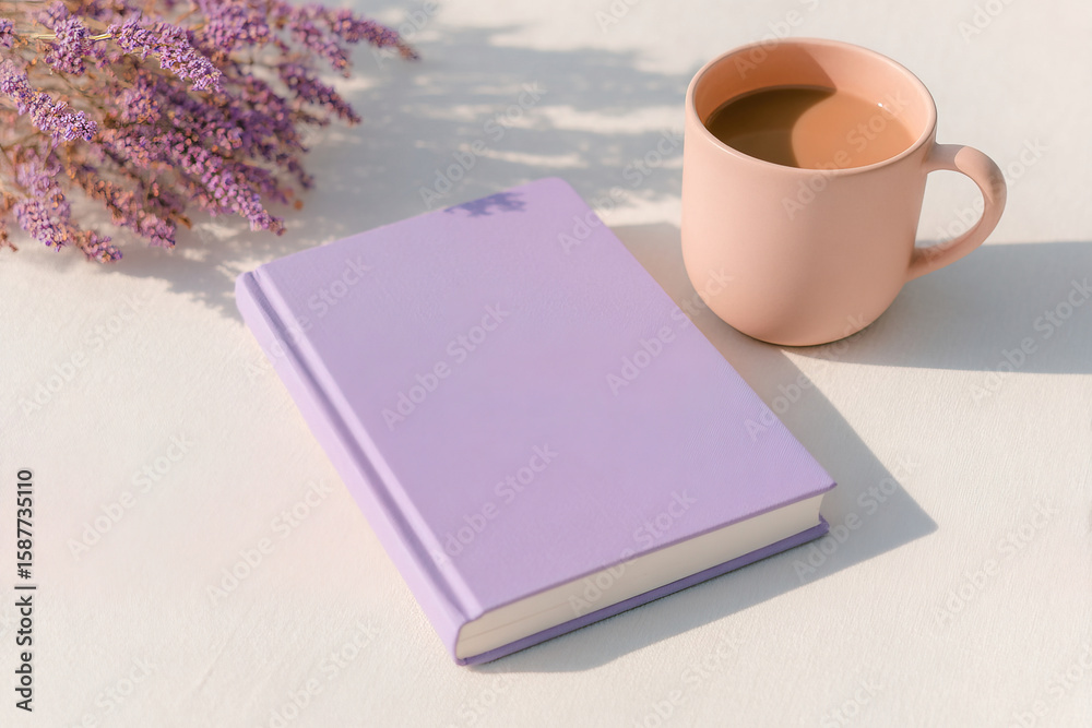 Fototapeta premium Tranquil morning with a lavender notebook and coffee beside blooming flowers