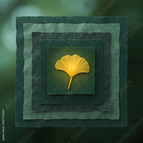 Wall art of a large square layered recycled paper fading from forest green to moss gray with golden ginkgo leaf, AI-generated