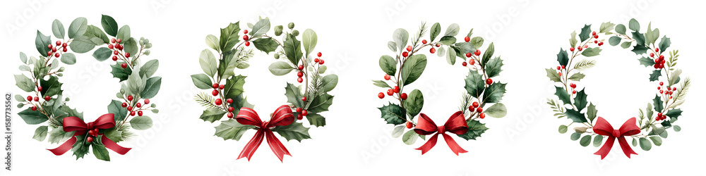 Fototapeta premium Watercolor Christmas Wreath Collection with Red Bow