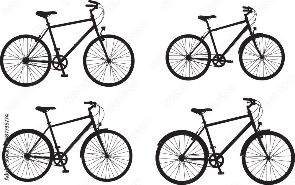 Obraz premium Four distinct bicycle silhouettes showcasing different styles and perspectives silhouette