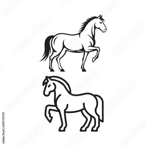 Two stylized black and white horse illustrations on a white background