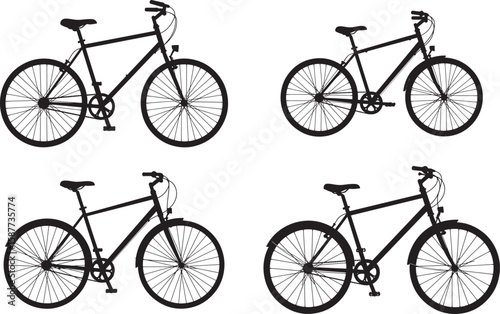 Four distinct bicycle silhouettes showcasing different styles and perspectives silhouette