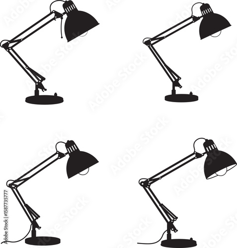 Four identical black desk lamp silhouettes arranged in a grid on a white background