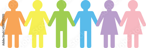 A colorful paper cutout chain of female figures holding hands on a white background