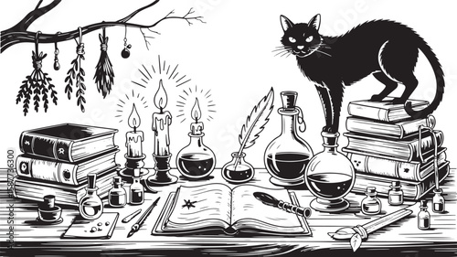 Black cat perched on books near candles potions and quill cauldron