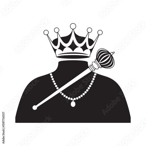 Silhouette of a person wearing a crown and holding a scepter with a pearl necklace