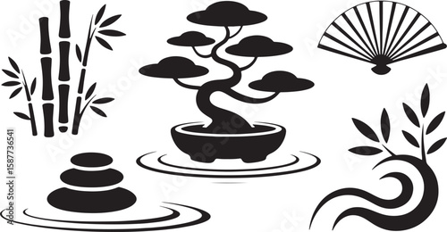 Black silhouette icons of bamboo bonsai fan stacked stones and swirling water ripples vector