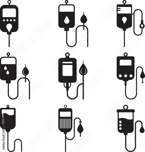 Vector Illustration of Various IV Fluid Bag and Infusion Devices