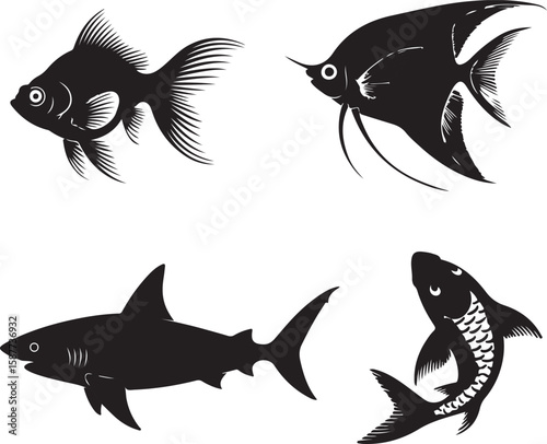 Four black vector fish silhouettes goldfish angelfish
