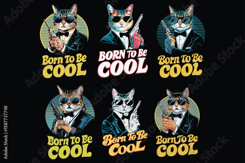 Cats in suits holding guns sunglasses retro