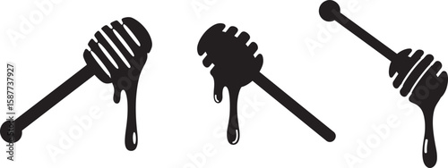 Three black silhouettes of honey dippers with dripping honey