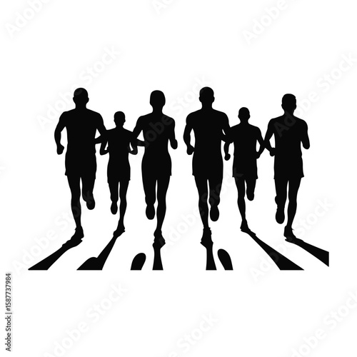 Silhouette of a group of runners competing in a race with long shadows