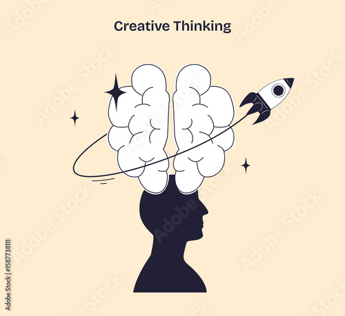Creative thinking is illustrated by a brain, human head, and rocket, symbolizing innovative ideas and imagination. Doodle style diagram
