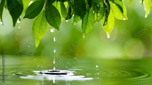 Raindrops falling from green leaves creating ripples on a serene water surface