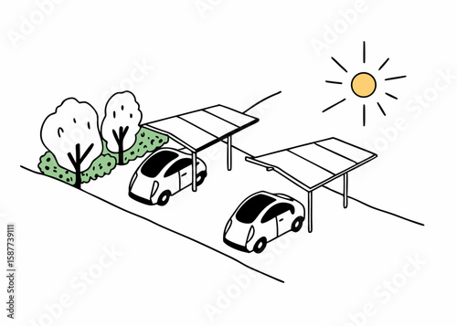 Illustrated scene of an electric car charging station with solar panel canopies and a sunny sky on a white background