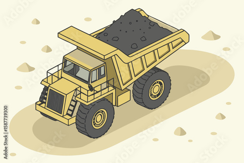 Isometric illustration of a heavy-duty dump truck loaded with coal ready for transport on a construction site
