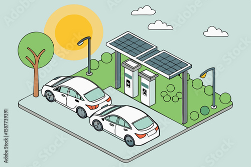 Isometric illustration of electric vehicles charging at a solar powered station representing clean energy and sustainable transportation