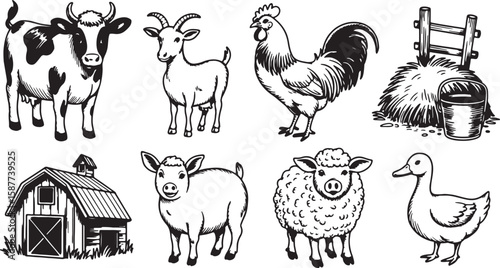 Farm animals barn rooster sheep duck cow goat calf hay vector