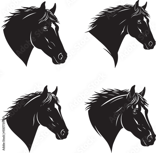 Four black horse heads in profile facing right silhouette