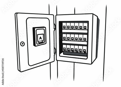 Vector illustration of an open electrical fuse box displaying switches and circuit breakers on a white background