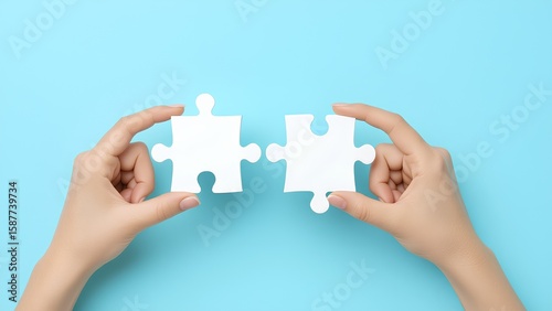 Woman's hands connecting two white jigsaw puzzle pieces on a blue background, representing a solution, partnership, and the final step to completing a task.