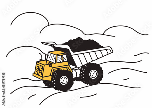 Vector illustration of a yellow dump truck hauling a load of rocks on a white background suitable for construction projects.