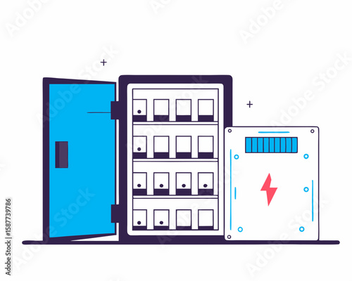 Vector illustration of an open electrical control panel with circuit breakers, and a fuse box on a white background.