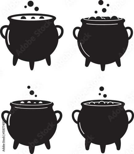 Four black silhouette cauldron icons with bubbles and handles