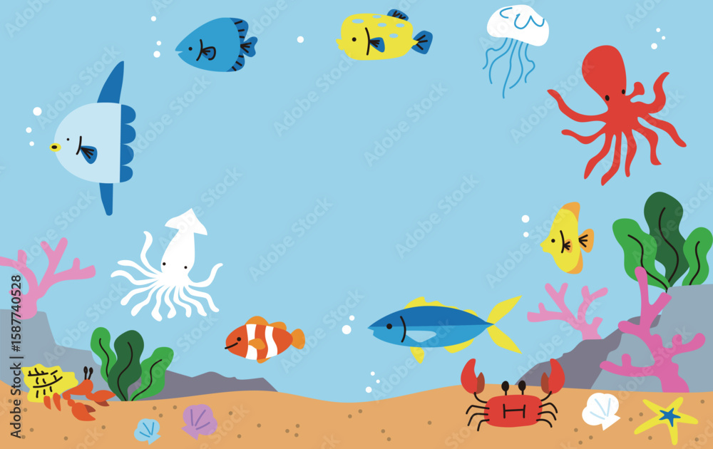 Obraz premium 海の魚介類のベクターイラストフレーム素材