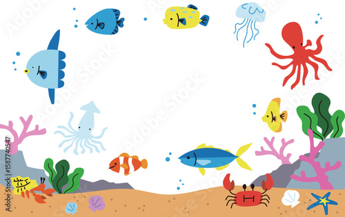 海の魚のベクターイラストフレームセット