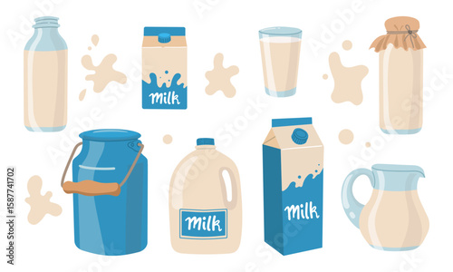 Set of milk in different packages: glass, carton, bottle isolated on White background