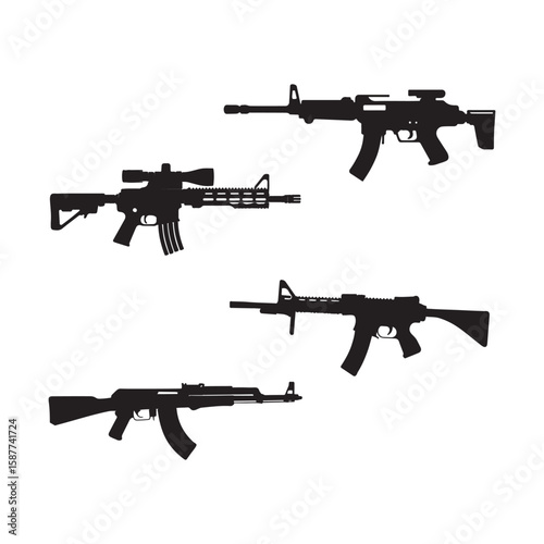 Collection of black silhouette assault rifles and sniper rifle on white background