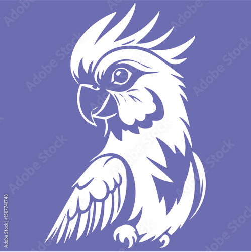 White cockatoo profile graphic design on a muted purple background. Stylized bird profile, showcasing intricate feather detail.