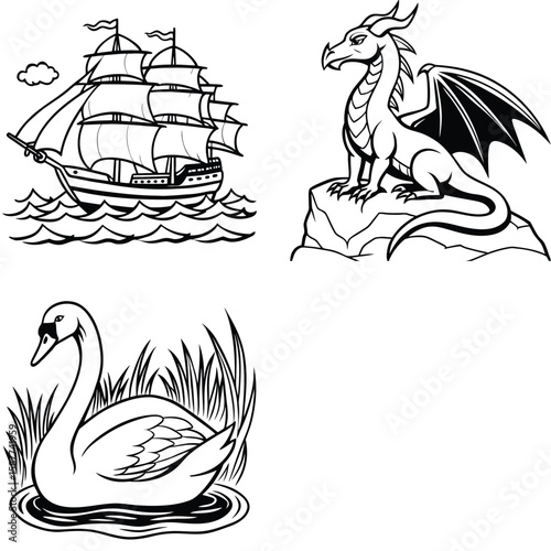 Vector art of elegant black and white illustrations of a majestic sailing ship, a fierce dragon, and a graceful swan on water