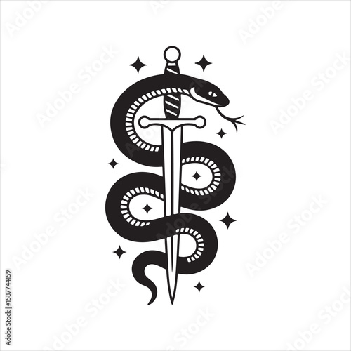 Stylized black snake wrapped around a sword with sparkle accents