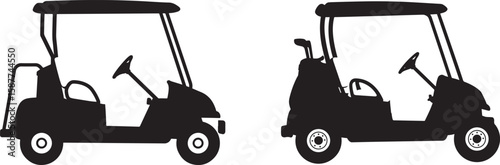Two golf carts side by side one loaded with golf clubs silhouette