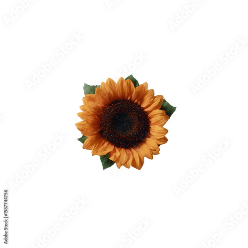 A vibrant sunflower with bright yellow petals and a rich brown center against a white isolated background.