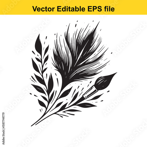 A black feather and brush isolated on white background