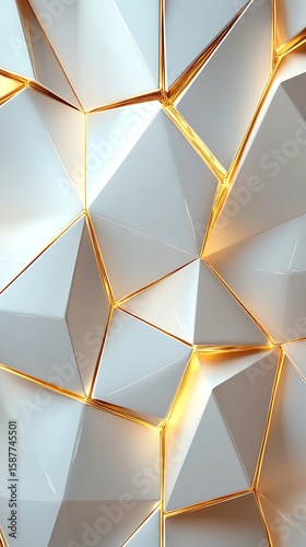 Geometric white and gold abstract pattern with sharp edges and glowing light