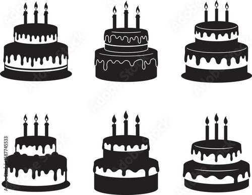 Collection of six tiered birthday cakes with melting frosting and candles silhouette