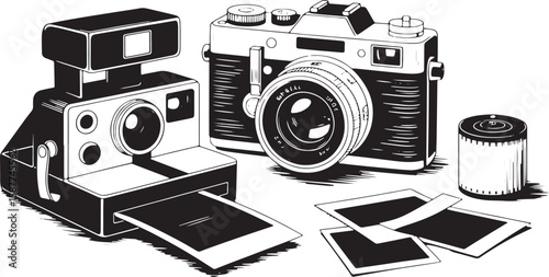 Vintage cameras instant prints film roll photographic film black and white