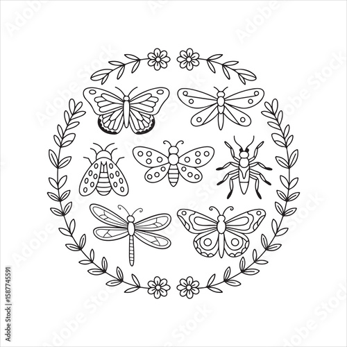 Collection of hand drawn insects and flowers arranged in a circle