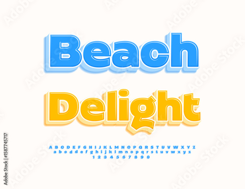 Vector Summer badge Beach Delight. Glossy Blue Font. Classic 3D Alphabet Letters and Numbers set.