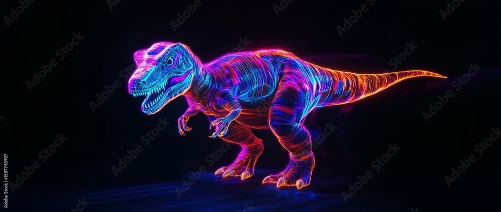 Neon glowing dinosaur illustration with vibrant blue and orange lines creating dynamic futuristic energy and glowing prehistoric skeleton effect on dark background full of excitement and power Neon glowing dinosaur illustration with vibrant blue and orange lines creating dynamic futuristic energy and glowing prehistoric skeleton effect on dark background full of excitement and power